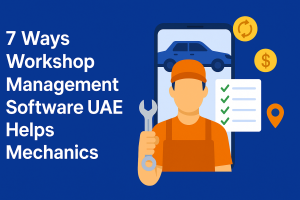 Illustration of a UAE mechanic using mobile workshop management software with checklist, car icon, and efficiency symbols on a blue background.