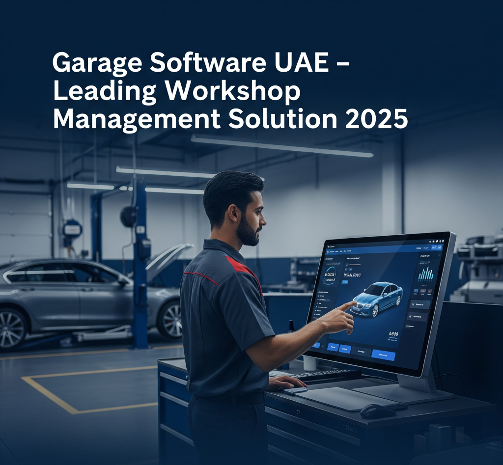 Technician using garage management software on a touchscreen monitor in a modern UAE auto workshop