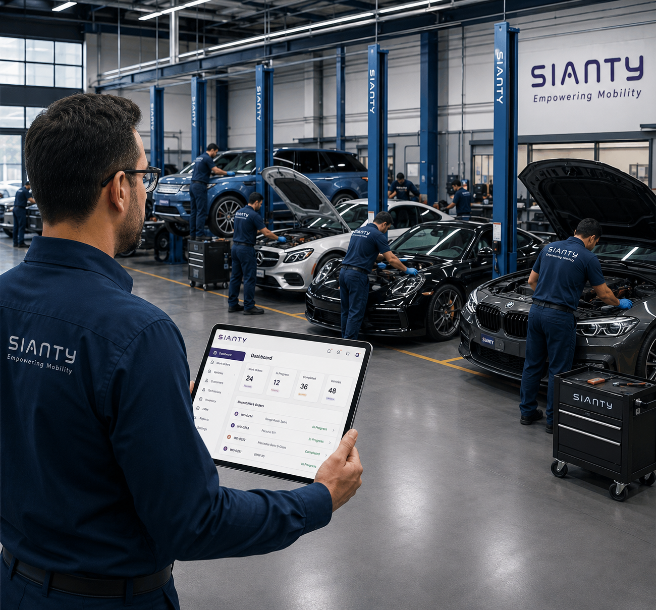 Sianty auto repair shop software tracking active digital job cards in a multi-bay workshop